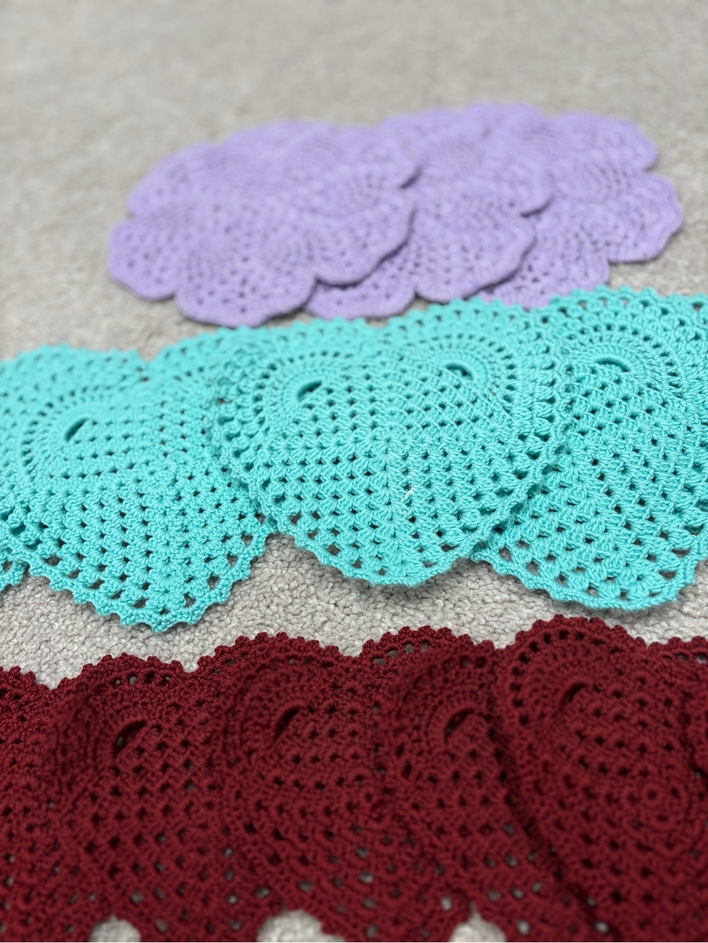 Handmade Crochet Coasters in Mint, Lavender, Burgundy made by my mother